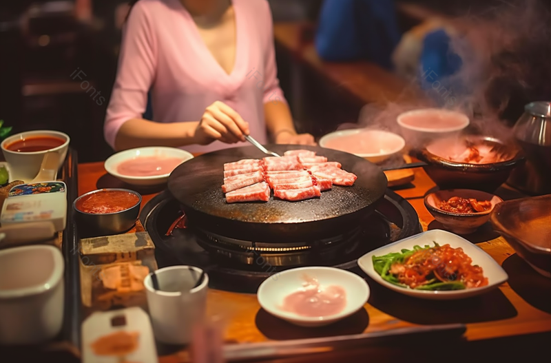 一个美女在韩国餐厅吃烤肉,高清,摄影图,摄影图片,图片大全,摄影图免费下载